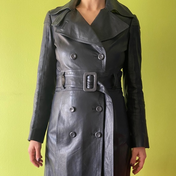 Versace navy leather trench coat - Picture 2 of 12